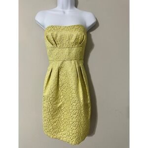 BCBGMAXAZRIA Yellow Metallic Jacquard Strapless Fit Flare Dress Size 8